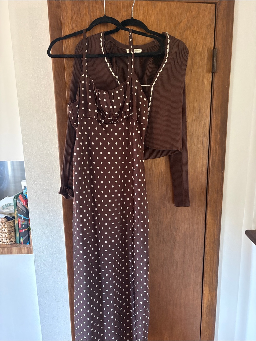 Brown Polka Dot Maxi Slip Dress with Matching Bolero